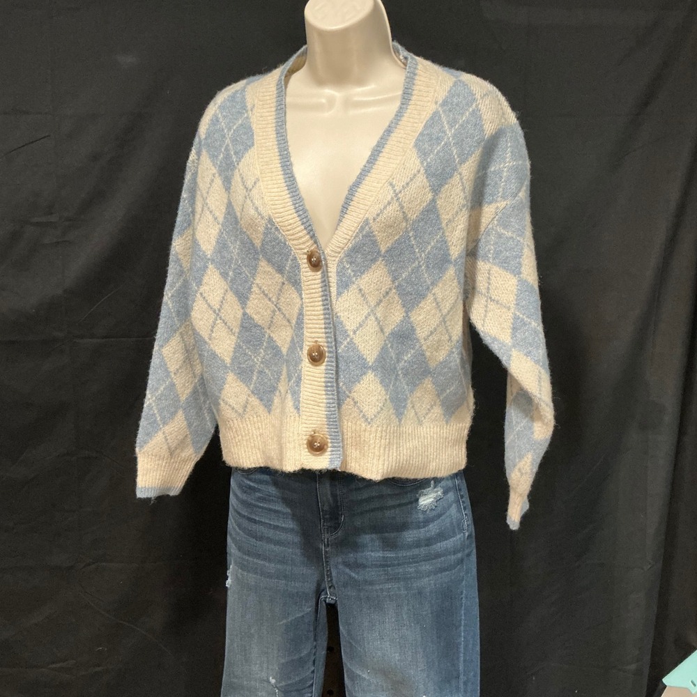 For the Republic Cardigan Argyle Wool Blend Small Blue Cream V-Neck Button Front